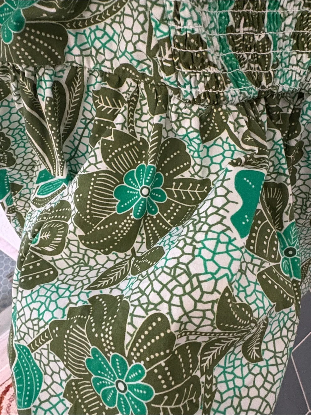 Anthropologie Nikasha Cotton Floral Puff Sleeve Peplum Top - Green